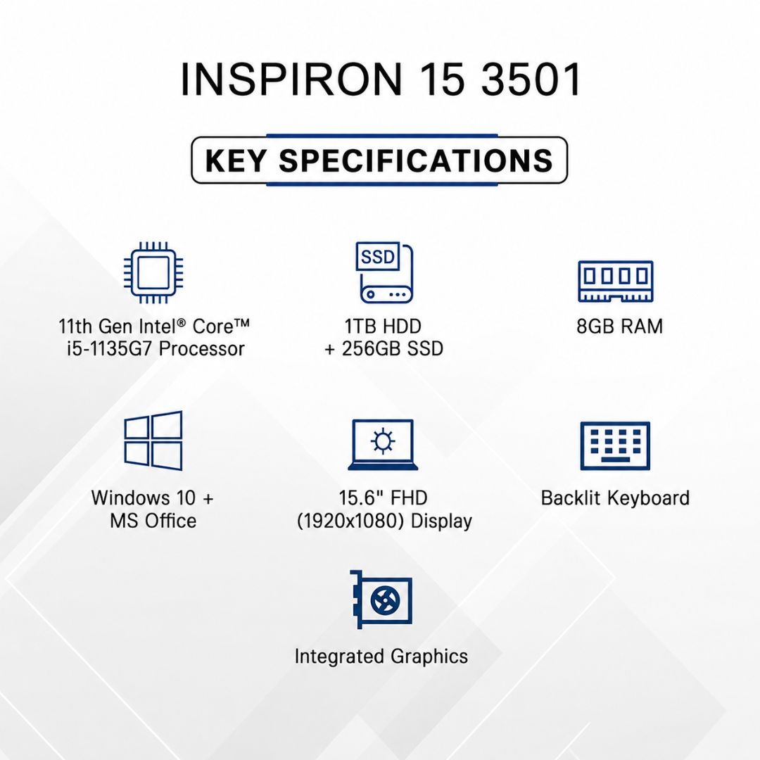 Dell Inspiron 3501 Refurbished Laptop | Intel Core i5 11th Gen | 8GB RAM | 256GB M.2 SSD + 1TB HDD | Nvidia 2GB Graphics | 15.6" FHD | Silver